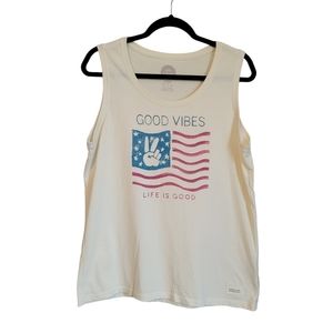 Life Is Good Cream Tank Top with Blue and Pink Graphic